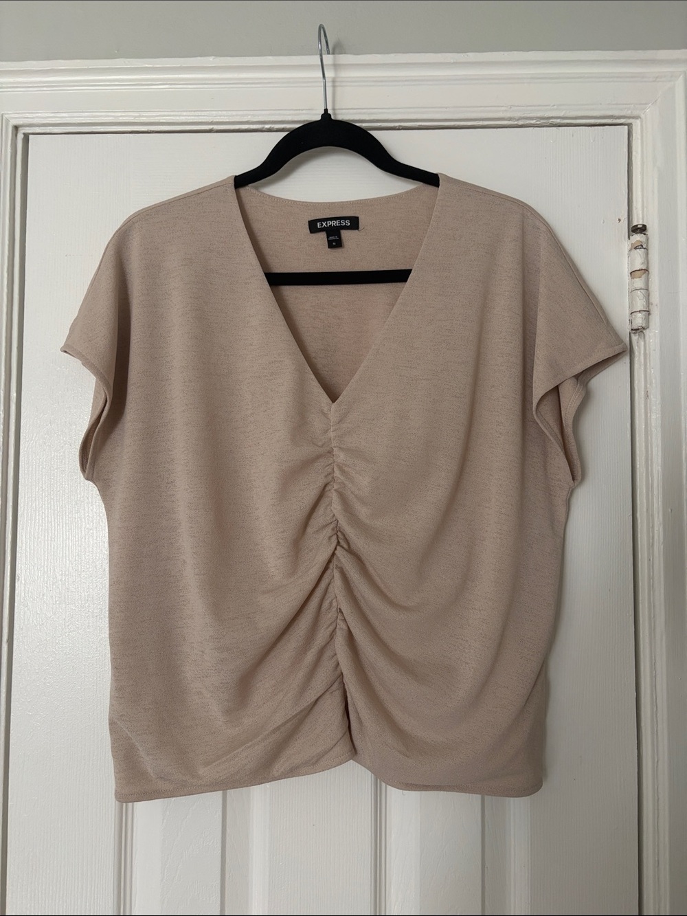 Express Ruched V-Neck Short Sleeve Top in Taupe